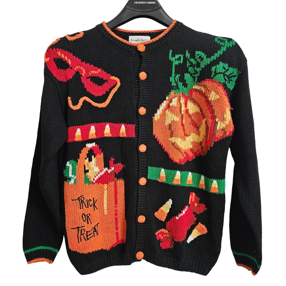 Alexandra Bartlett Cardigan Women S Black Halloween Pumpkin Candy Corn Sweater